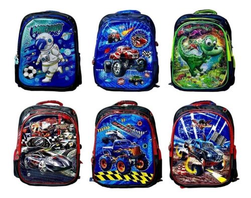 Mochila Escolar Para Niños, Astronauta, Autos Y Dinosaurio En Combo Con Lonchera Térmica Y Lapicera Con Diseño En 3d Con Glitter Y Luz Led