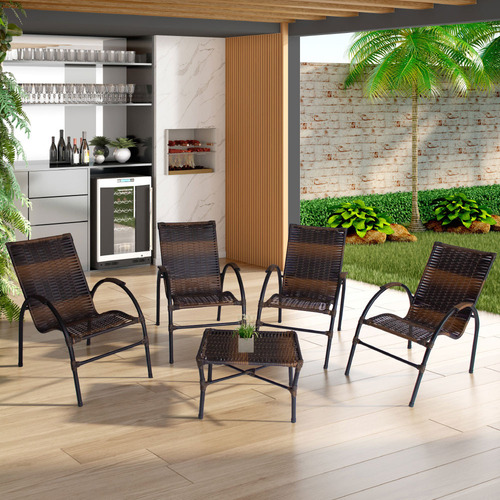 Conjunto De Mesa De Centro 4 Cadeiras Ônix Para Área Externa Estrutura Marrom