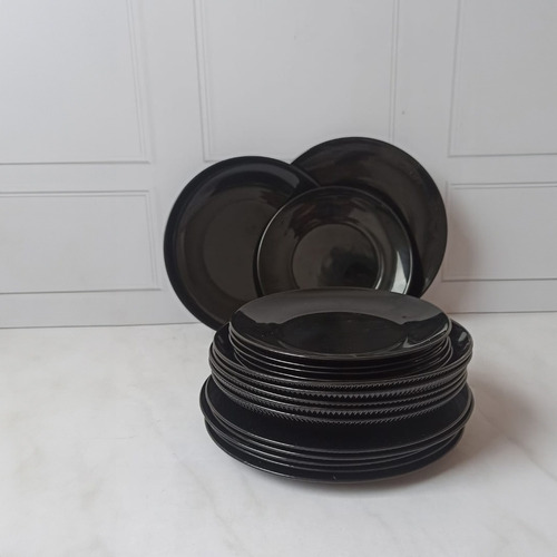 Juego Vajilla 60 Piezas Plato Vaso Copa Cubierto Color Pleno Negro Liso