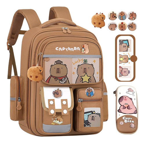 Mochila Para Niños Capybara - Mochila De Dibujos Mochila Kawaii Con 1 Colgante De Felpa, 3 Tarjetas, 6 Insignias Y 1 Estuche Lápiz Sin Alivio Suministros Escolares De Capibara Sin Desliz