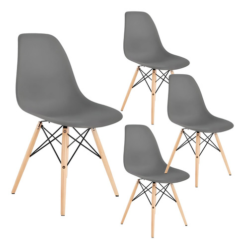 Set 4 Sillas Diseño Eames Minimalista Moderna Comedor Cocina Estructura De La Silla Marrón Asiento Gris Diseño De La Tela Plastico