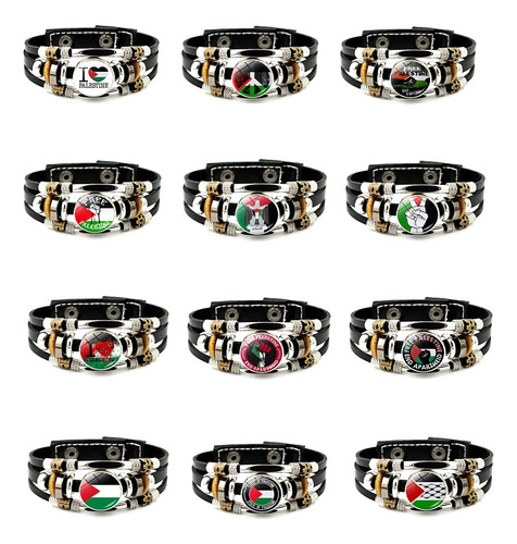 12 Pulseras De Cuero Ajustables Con La Bandera De Palestina
