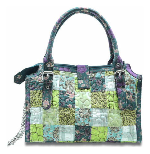 Bolsa Feminina Ombro Nuanda Orchid Patchwork Giulianna Fiori Cor Verde/Roxo Desenho do tecido Costura