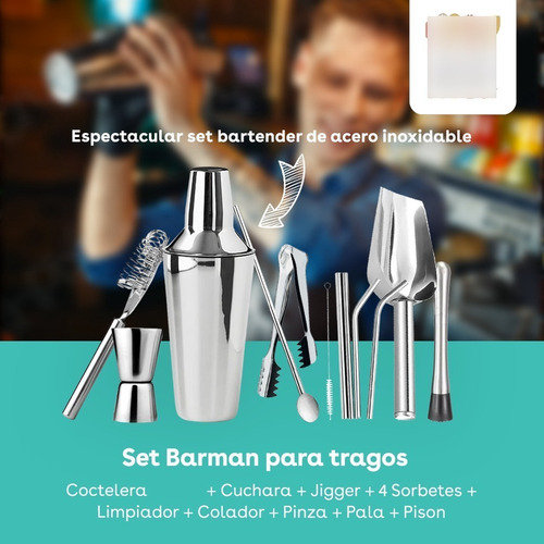 Imagen 2 de 9 de Set Kit Bartender Barman Completo Coctelera Trago Acero Inox