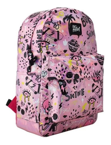 Mochila Espalda 17 Pulgadas Holografica Just Cool Big Pocket Color Rosa Diseño De La Tela Estampado