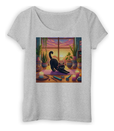 Remera Mujer Gato Yoga En Casa Atardecer Dibujo Vela