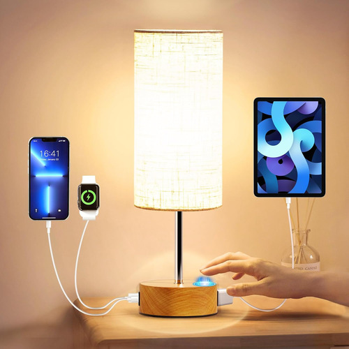 Lámpara De Mesita De Noche Con Control Táctil, Puertos De Ca