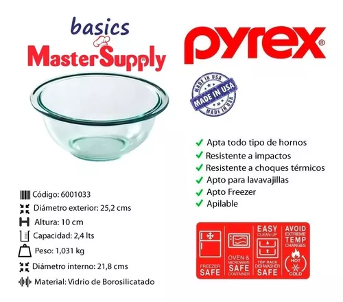 Bowl Vidrio Pyrex Basics 2,5 Litros Bols Batir Mezclar Horno