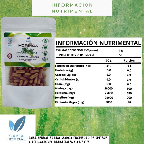 Moringa (adicionada Con Jengibre Y Curcuma). 100 Cápsulas.