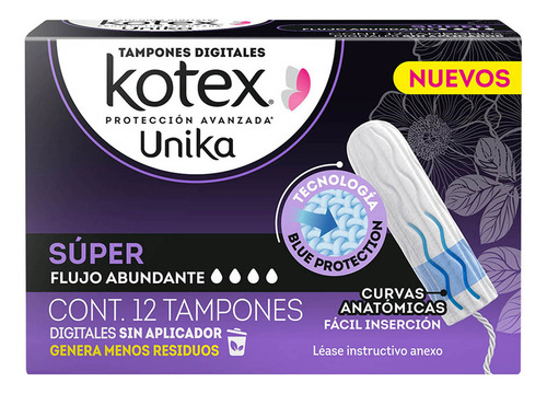 Tampones Digitales Kotex Unika Flujo Abundante 12 Piezas
