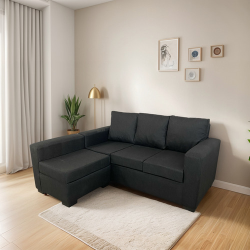 Sillon 3 Cuermos + Banqueta Movil Negro Chenille Resistente Negro Liso