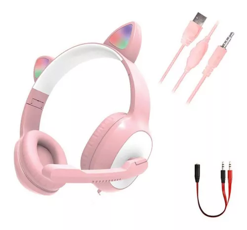 Fone de Ouvido com Orelhinhas de Gato Com Iluminação Led Pisca P2 - ROSA