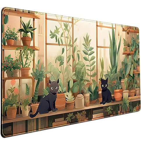 Mouse Pad Gatos Kawaii, Plantas Verdes, Xxl 31.5''x15.75''