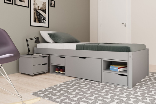 Cama Solteiro Madeira Maciça Com 3 Gavetas E 1 Mesa De Wt