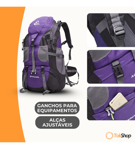 Mochila Tática Tokshop Cargueira Trilha Mochilão Escalada Trekking Feminina Caminhada Reforçada Resistente Cor Violeta 50l
