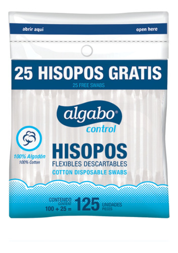 Hisopos Flexibles Descartables Algodón Algabo 125 Unidades