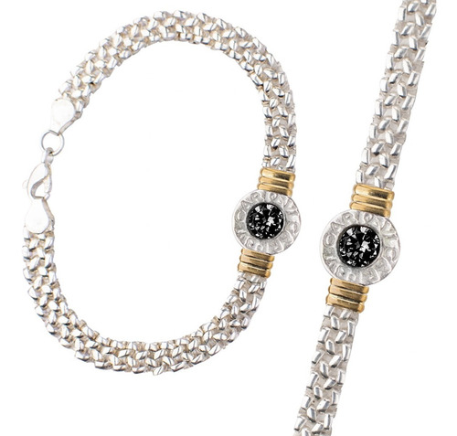 Imagen 1 de 10 de Pulsera Plata Y Oro Mujer Cubic Y Onix - Payasón Regalo
