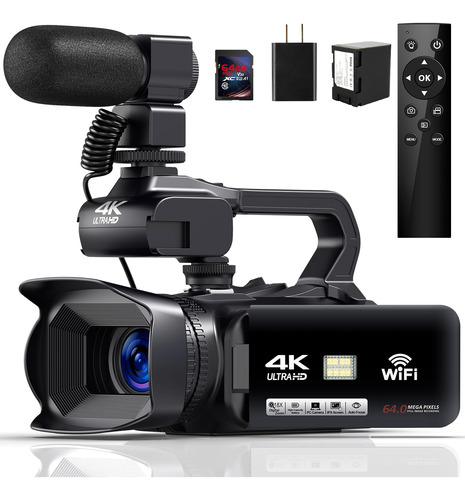 Cámara De Vídeo 4k 64mp 60fps Con Zoom 18x, Wifi Y Micrófono