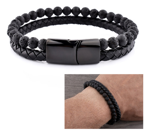 Pulseras Hombre Pulseras Cuero Negro Con Piedra Volcánica