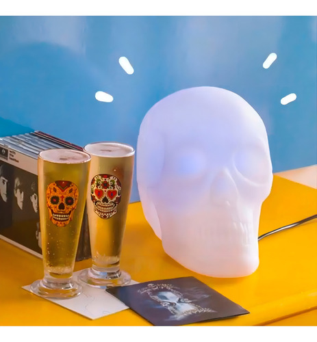 Luminária Abajur Mesa Caveira Rock Cranio Bivolt Lampada Led Cor da cúpula Branco Cor da estrutura Branco
