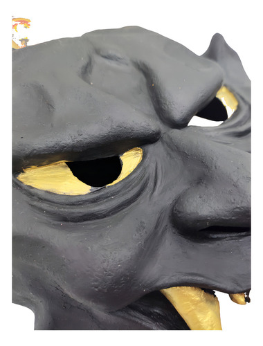 Máscara De Latex Japonês Samurai C/ Dente E Chifre Dourado Cor Preto Diabo Preto