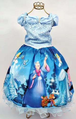 VESTIDO INFANTIL CINDERELA AZUL MANGAS LUXO FESTAS LUXO