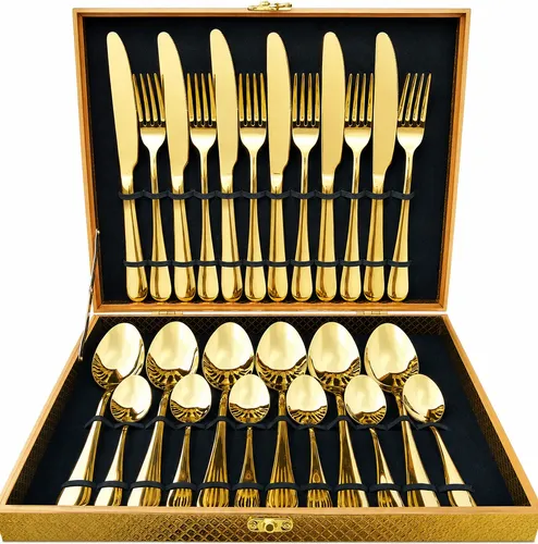 Kit 24 Talheres Luxo Premium Faqueiro Dourado Com  Maleta Dourado