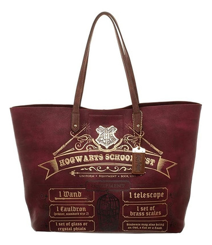 Bolsa Tote Mujer Harry Potter Original Hogwarts Cuero Sintet Acabado de los herrajes Niquel Color Vino Color de la correa de hombro Vino Diseño de la tela Liso