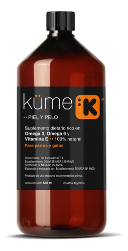 Suplemento en líquido Küme Omegas Omega 3 y 6 con ácidos grasos esenciales para perro/gato todas las edades todos los tamaños en frasco de 500mL
