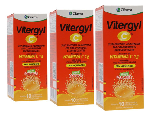 Kit 3 Vitergyl C 1g 10 Comprimidos Efevercentes Sabor Sabor Laranja