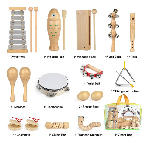 Juego De Instrumentos Musicales De Madera 100%, 23 Piezas