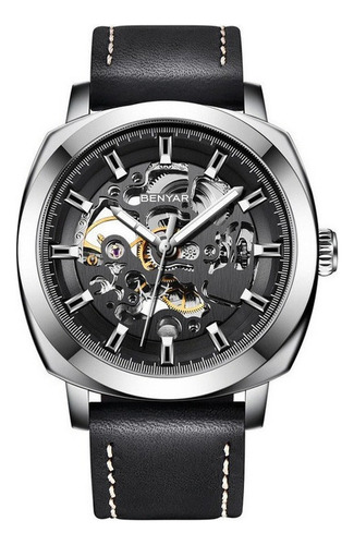 Relojes Mecánicos Casuales De Cuero Hueco Benyar Fondo Plata Negro