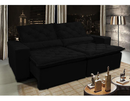 Sofá Lisboa 2,12m Retrátil, Reclinável com Molas no Assento Tecido Suede Velusoft Preto - Cama InBox