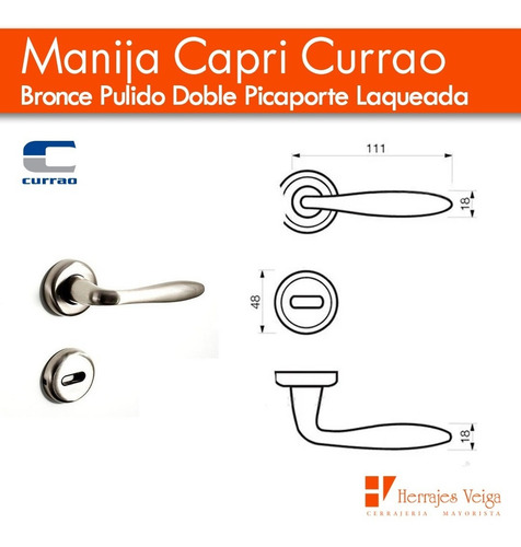 Imagen 2 de 10 de Manija Capri Currao Bronce Pulido Doble Picaporte Laqueada