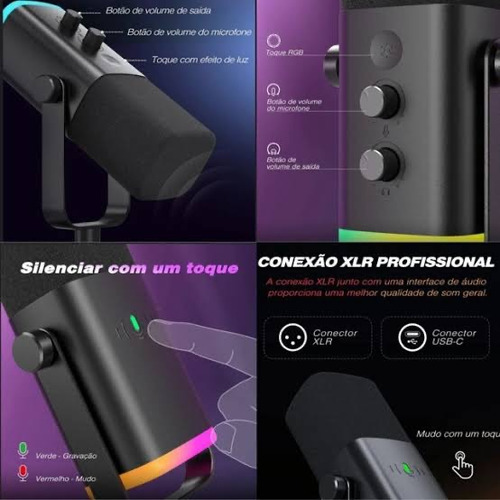 Microfone Fifine Am8 Cor Preto Gamer Com Rgb Led