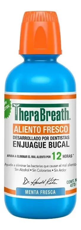TheraBreath Enjuague Bucal sin Alcohol, Menta Fresca 473 ml. Combate el Mal Aliento por 12 Horas. Sin Sabores ni Colorantes Artificiales, Sin Ardor. Desarrollado por Dentistas