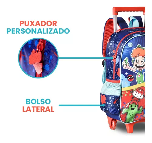 Kit Mochila Rodinha + Lancheira + Estojo Gato Galáctico