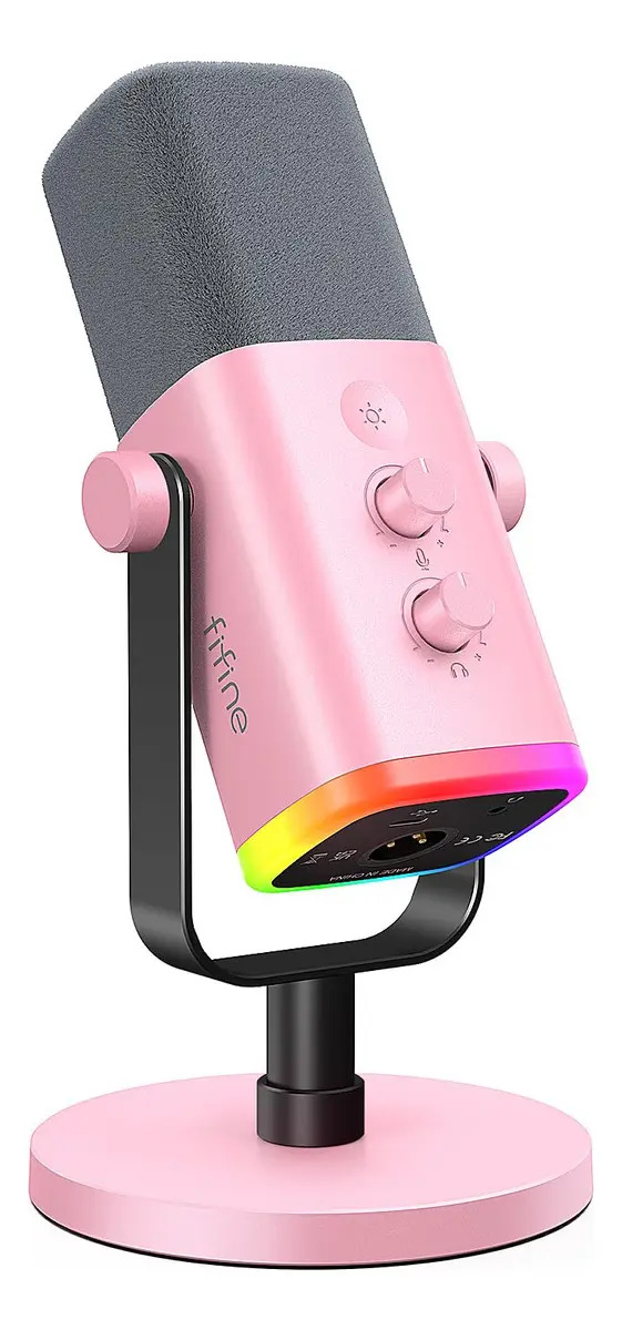 Microfone Dinâmico Fifine AM8W XLR USB Cardioide Rosa RGB Gamer