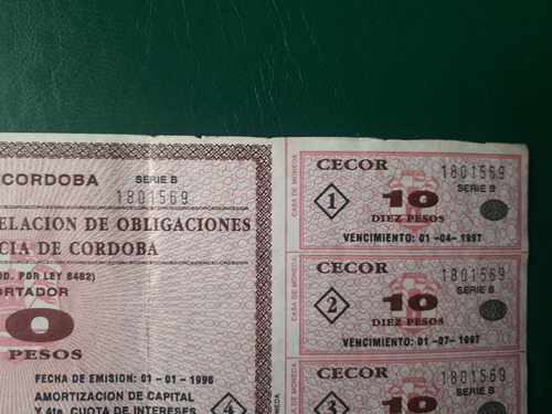 Bono Provincia De Córdoba Cecor 10 Pesos 1996