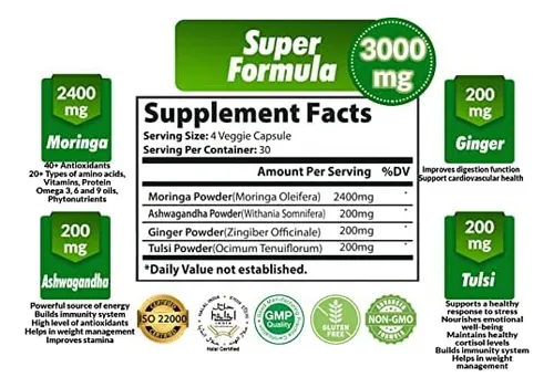Cápsulas De Polvo De Moringa Orgánica De 3000 Mg Con Ashwagandha, Jengibre, Albahaca Sagrada Tulsi - Potenciador De Ene