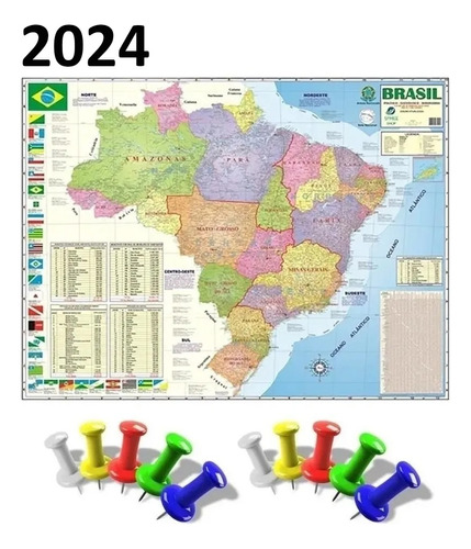 Mapa Brasil 120x90 Cm Atual Politico Rodovia + 10 Alfinetes 