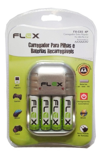 Imagem 1 de 4 de Carregador Com 4 Pilhas Flex Recarregaveis Aa 2900mah C03 4p