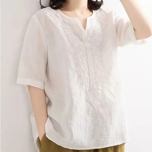 Blusa Bordada De Algodón Y Lino Con Cuello En V Para Mujer