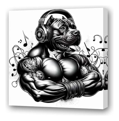 Cuadro 30x30cm Pitbull Auriculares Musculoso Gimnasio