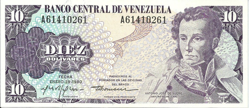 Billete 10 Bolívares. Enero 29 1980. Serial A-8. Venezuela