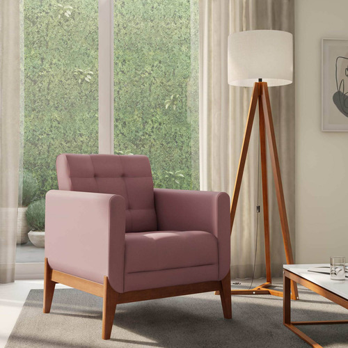 Poltrona Com Base De Madeira Brooks Linho Rosê