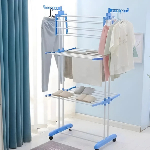 Tendedero Vertical 3 Niveles De Pie Colgador Ropa Con Ruedas Color Blanco Y Azul Genérico