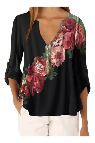 Blusa Holgada Con Estampado Floral Y Cuello En V Para Mujer