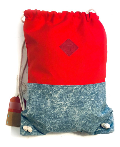 Mochila Urbana Trippin Simil Jean Y Roja Con Cordones