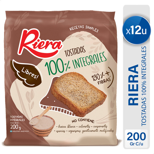 Tostadas Riera 100% Integrales Pan Tostado Fibra - Pack X12